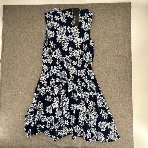 Allegra K Sundress Floral‎ Navy Blue White Dress Medium Rayon Button Down - Picture 10 of 11